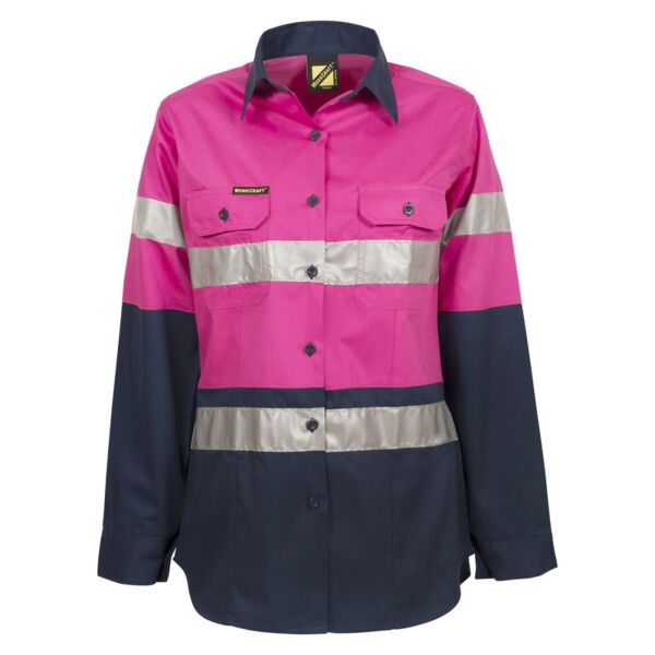 Womens Hi Vis Vented Cotton Drill Shirt CSR Reflective Tape Thumbnail